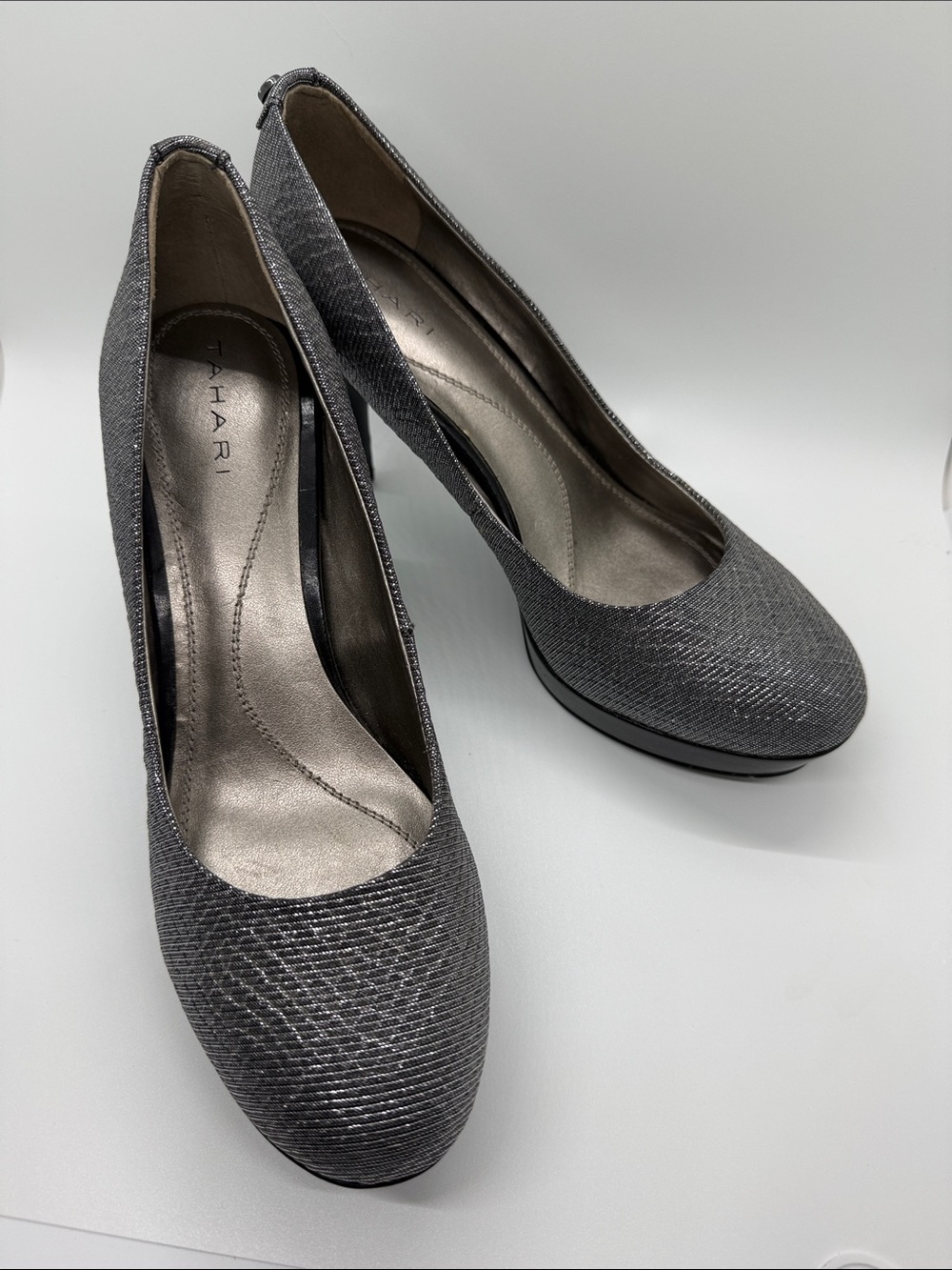 Tahari Silver Metallic Round-Toe Platform Pump